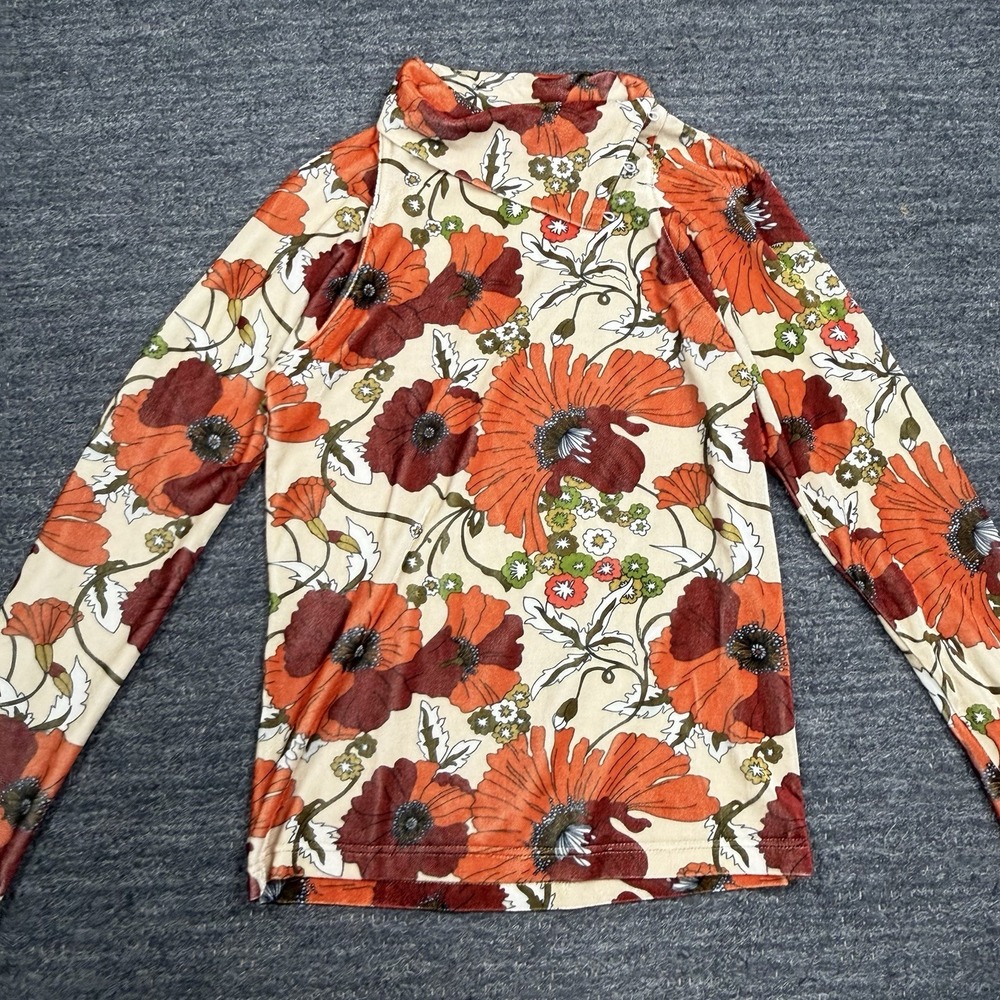 Dodo Bar Or Top Women 10 Floral Velour Turtleneck Long Sleeve Retro Pas Pour Toi